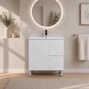 LUKKA ALPHA ENSUITE GLOSS WHITE 750MM SPACE SAVING FLOOR STANDING VANITY (AVAILABLE IN LEFT AND RIGHT HAND DRAWER)