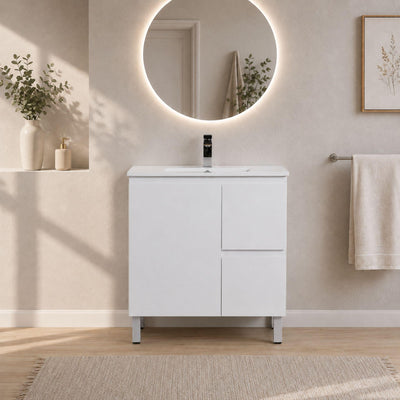 LUKKA ALPHA ENSUITE GLOSS WHITE 750MM SPACE SAVING FLOOR STANDING VANITY (AVAILABLE IN LEFT AND RIGHT HAND DRAWER)