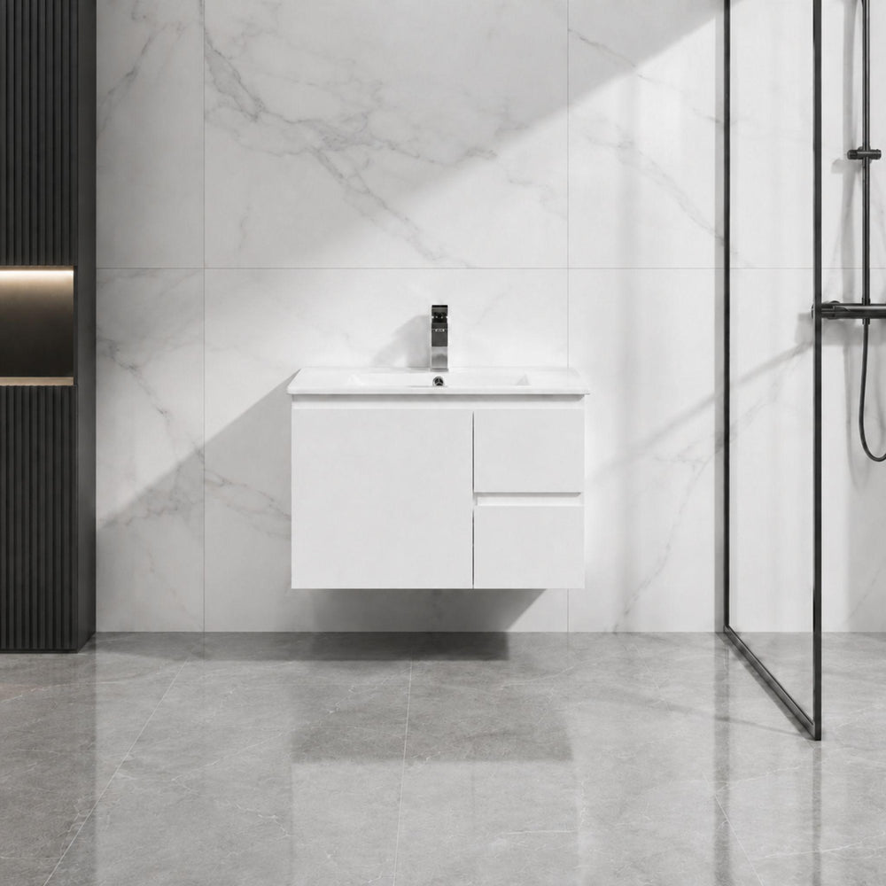 LUKKA ALPHA ENSUITE GLOSS WHITE 750MM SPACE SAVING WALL HUNG VANITY (AVAILABLE IN LEFT AND RIGHT HAND DRAWER)