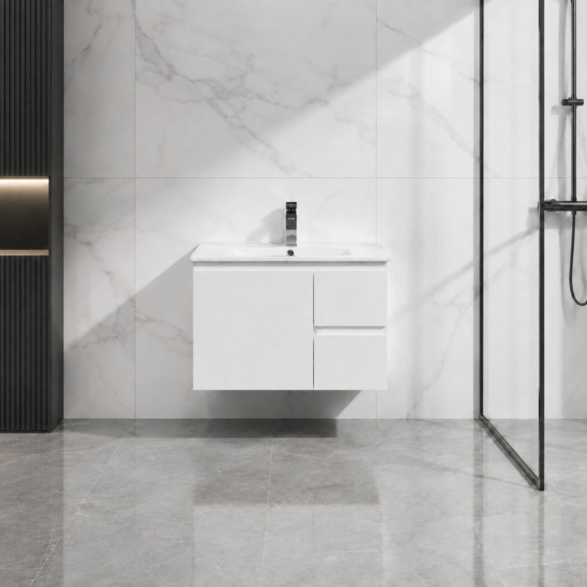 LUKKA ALPHA ENSUITE GLOSS WHITE 750MM SPACE SAVING WALL HUNG VANITY (AVAILABLE IN LEFT AND RIGHT HAND DRAWER)