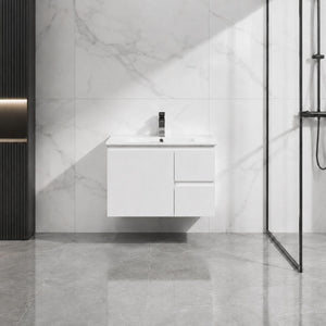 LUKKA ALPHA ENSUITE GLOSS WHITE 750MM SPACE SAVING WALL HUNG VANITY (AVAILABLE IN LEFT AND RIGHT HAND DRAWER)