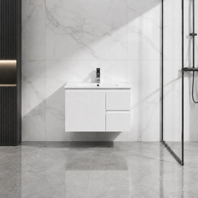 LUKKA ALPHA ENSUITE GLOSS WHITE 750MM SPACE SAVING WALL HUNG VANITY (AVAILABLE IN LEFT AND RIGHT HAND DRAWER)