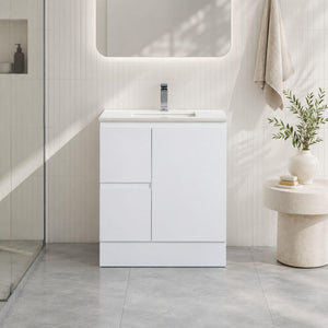 LUKKA ALPHA GLOSS WHITE 750MM SINGLE BOWL FLOOR STANDING VANITY WITH KICKBOARD (AVAILABLE IN LEFT AND RIGHT HAND DRAWER)