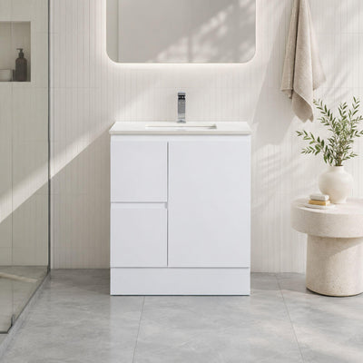 LUKKA ALPHA GLOSS WHITE 750MM SINGLE BOWL FLOOR STANDING VANITY WITH KICKBOARD (AVAILABLE IN LEFT AND RIGHT HAND DRAWER)