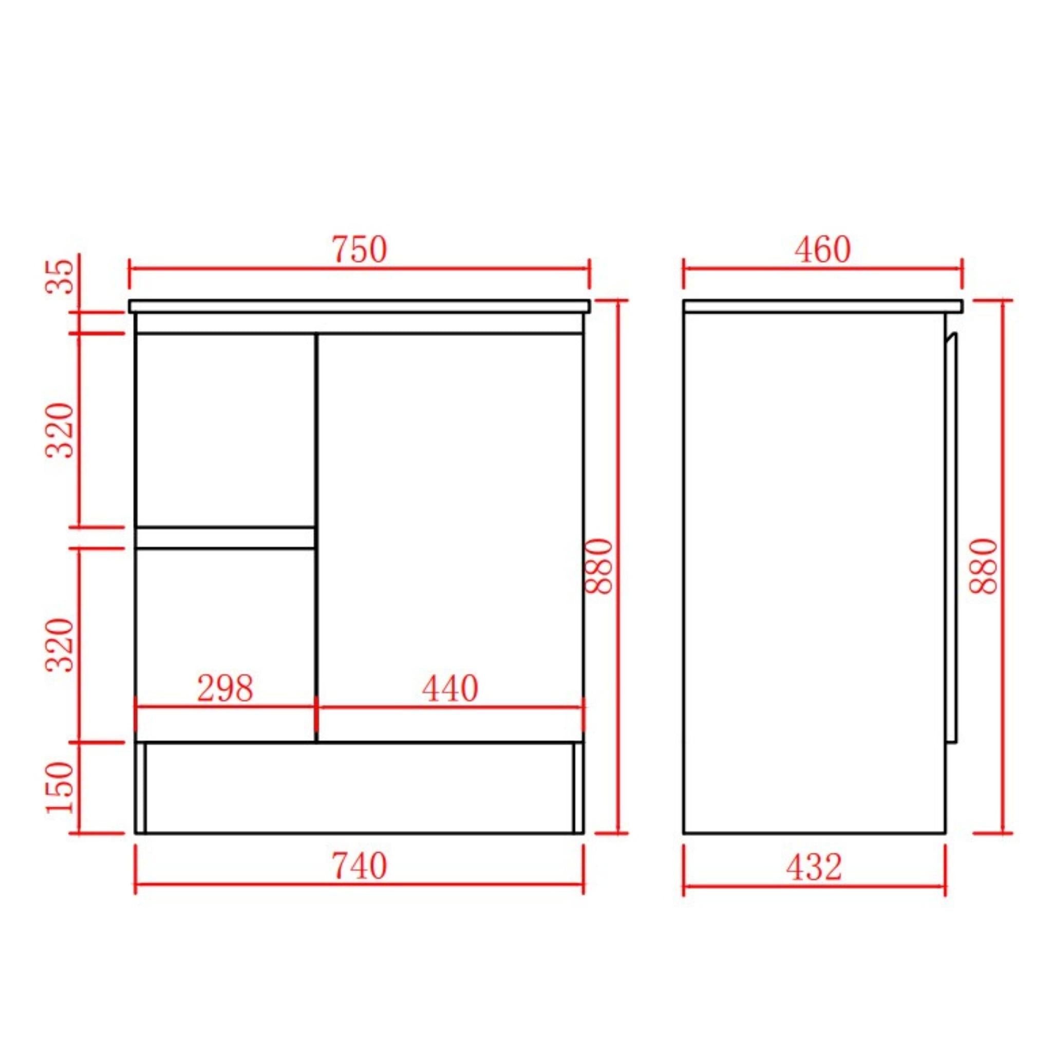 LUKKA ALPHA GLOSS WHITE 750MM SINGLE BOWL FLOOR STANDING VANITY WITH KICKBOARD (AVAILABLE IN LEFT AND RIGHT HAND DRAWER)