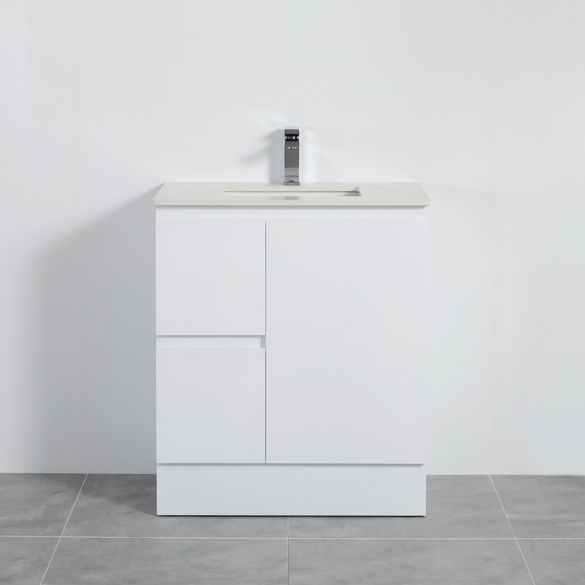 LUKKA ALPHA GLOSS WHITE 750MM SINGLE BOWL FLOOR STANDING VANITY WITH KICKBOARD (AVAILABLE IN LEFT AND RIGHT HAND DRAWER)