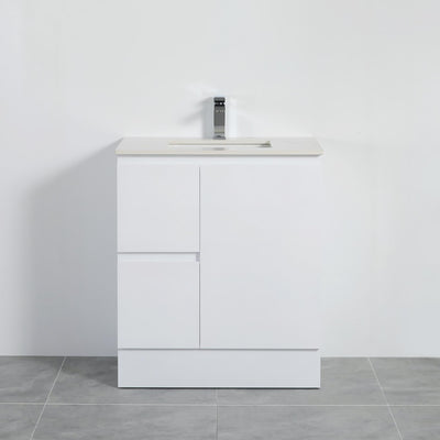 LUKKA ALPHA GLOSS WHITE 750MM SINGLE BOWL FLOOR STANDING VANITY WITH KICKBOARD (AVAILABLE IN LEFT AND RIGHT HAND DRAWER)