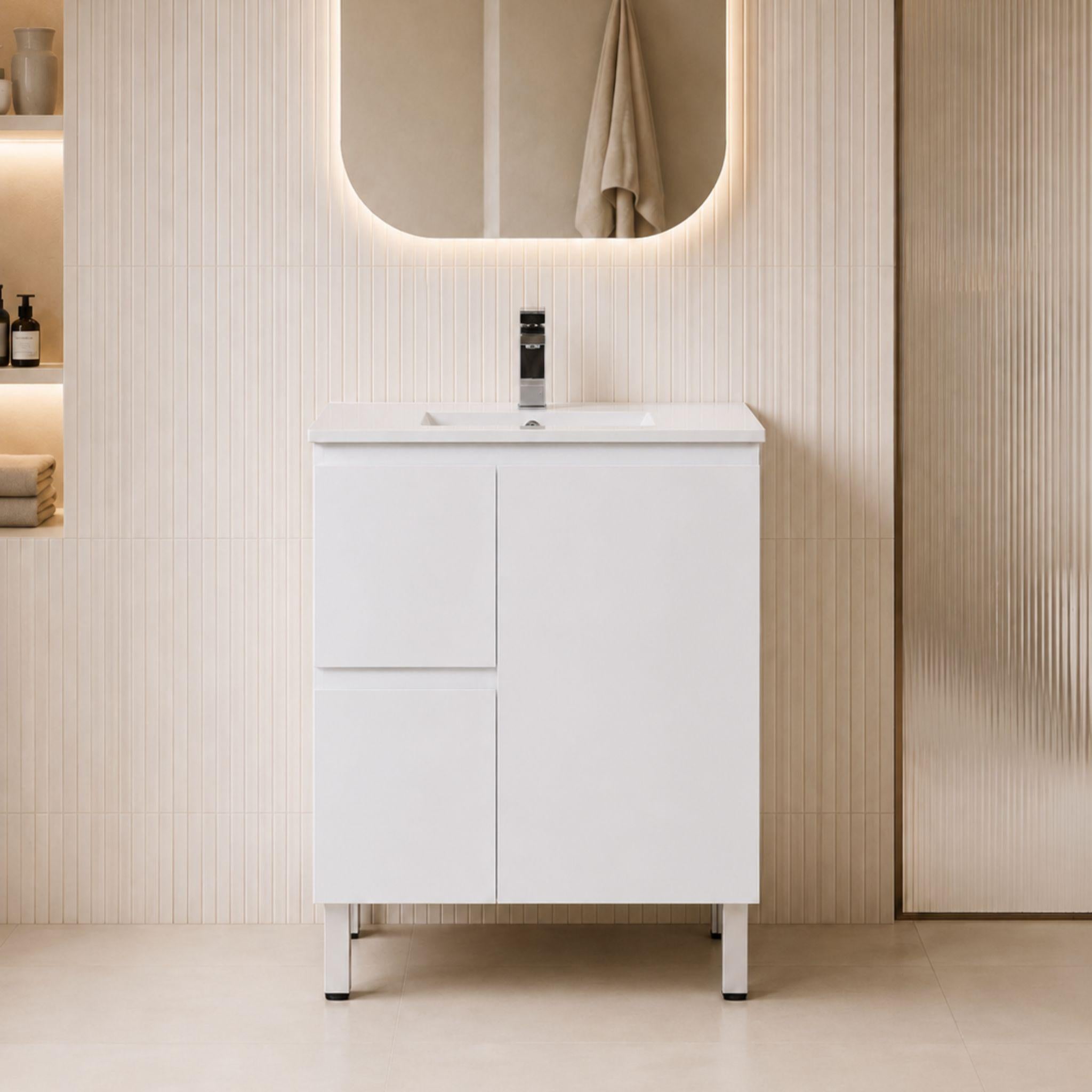LUKKA ALPHA GLOSS WHITE 750MM SINGLE BOWL FLOOR STANDING VANITY (AVAILABLE IN LEFT AND RIGHT HAND DRAWER)