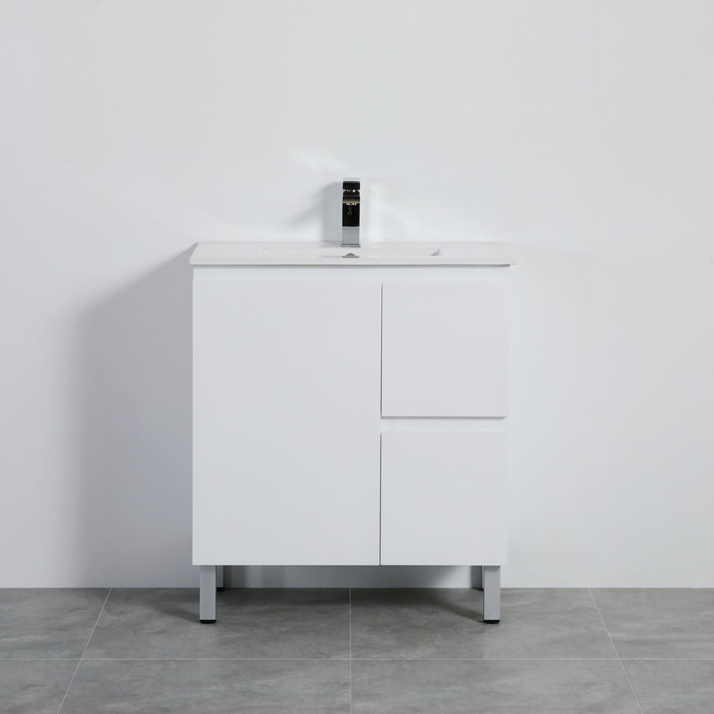LUKKA ALPHA GLOSS WHITE 750MM SINGLE BOWL FLOOR STANDING VANITY (AVAILABLE IN LEFT AND RIGHT HAND DRAWER)