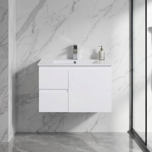 LUKKA ALPHA GLOSS WHITE 750MM SINGLE BOWL WALL HUNG VANITY (AVAILABLE IN LEFT AND RIGHT HAND DRAWER)