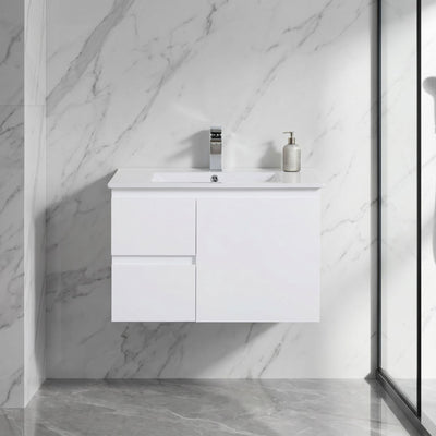 LUKKA ALPHA GLOSS WHITE 750MM SINGLE BOWL WALL HUNG VANITY (AVAILABLE IN LEFT AND RIGHT HAND DRAWER)
