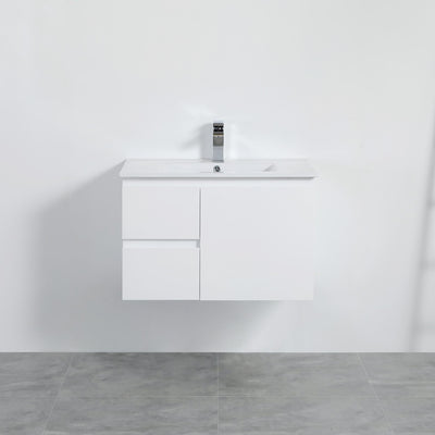LUKKA ALPHA GLOSS WHITE 750MM SINGLE BOWL WALL HUNG VANITY (AVAILABLE IN LEFT AND RIGHT HAND DRAWER)