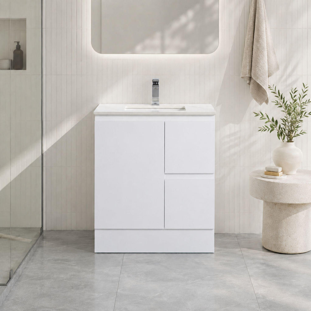 LUKKA ALPHA GLOSS WHITE 750MM SINGLE BOWL FLOOR STANDING VANITY WITH KICKBOARD (AVAILABLE IN LEFT AND RIGHT HAND DRAWER)
