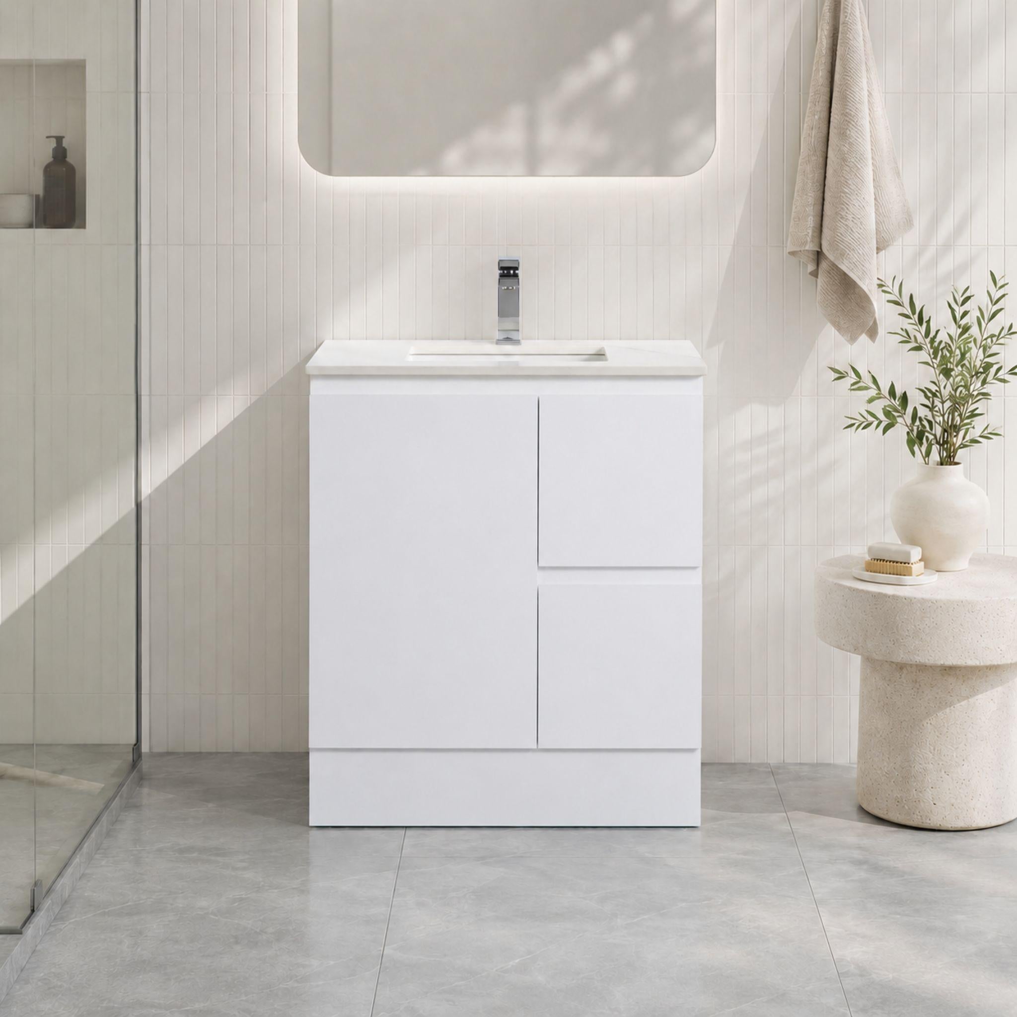 LUKKA ALPHA GLOSS WHITE 750MM SINGLE BOWL FLOOR STANDING VANITY WITH KICKBOARD (AVAILABLE IN LEFT AND RIGHT HAND DRAWER)