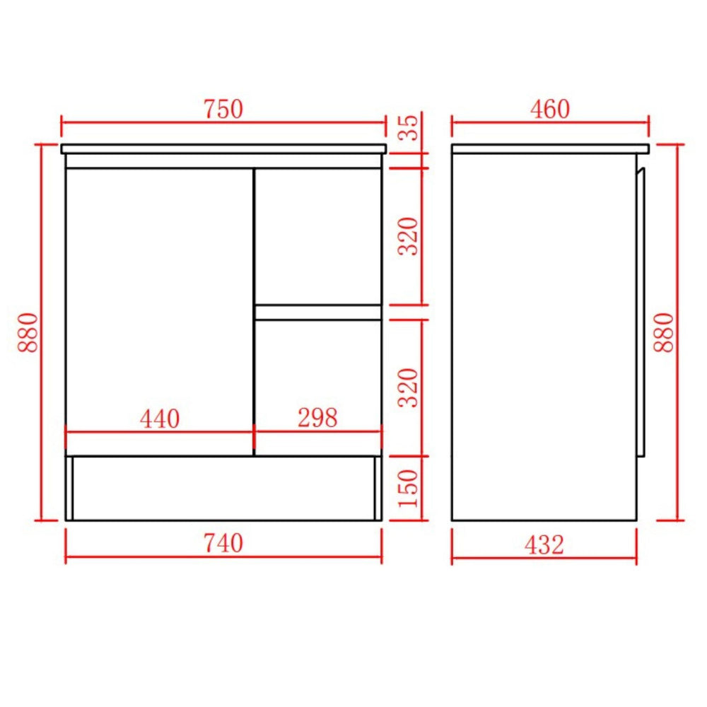 LUKKA ALPHA GLOSS WHITE 750MM SINGLE BOWL FLOOR STANDING VANITY WITH KICKBOARD (AVAILABLE IN LEFT AND RIGHT HAND DRAWER)