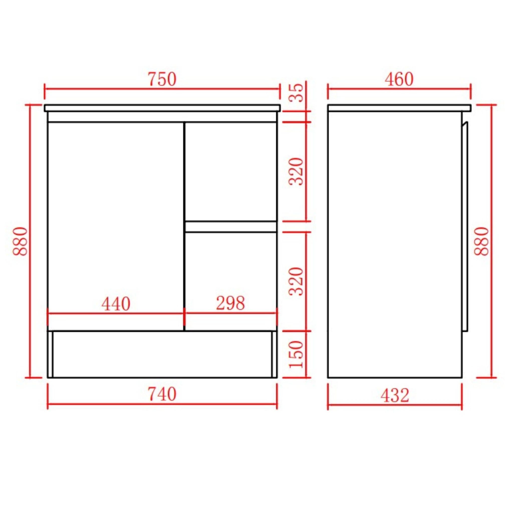 LUKKA ALPHA GLOSS WHITE 750MM SINGLE BOWL FLOOR STANDING VANITY WITH KICKBOARD (AVAILABLE IN LEFT AND RIGHT HAND DRAWER)