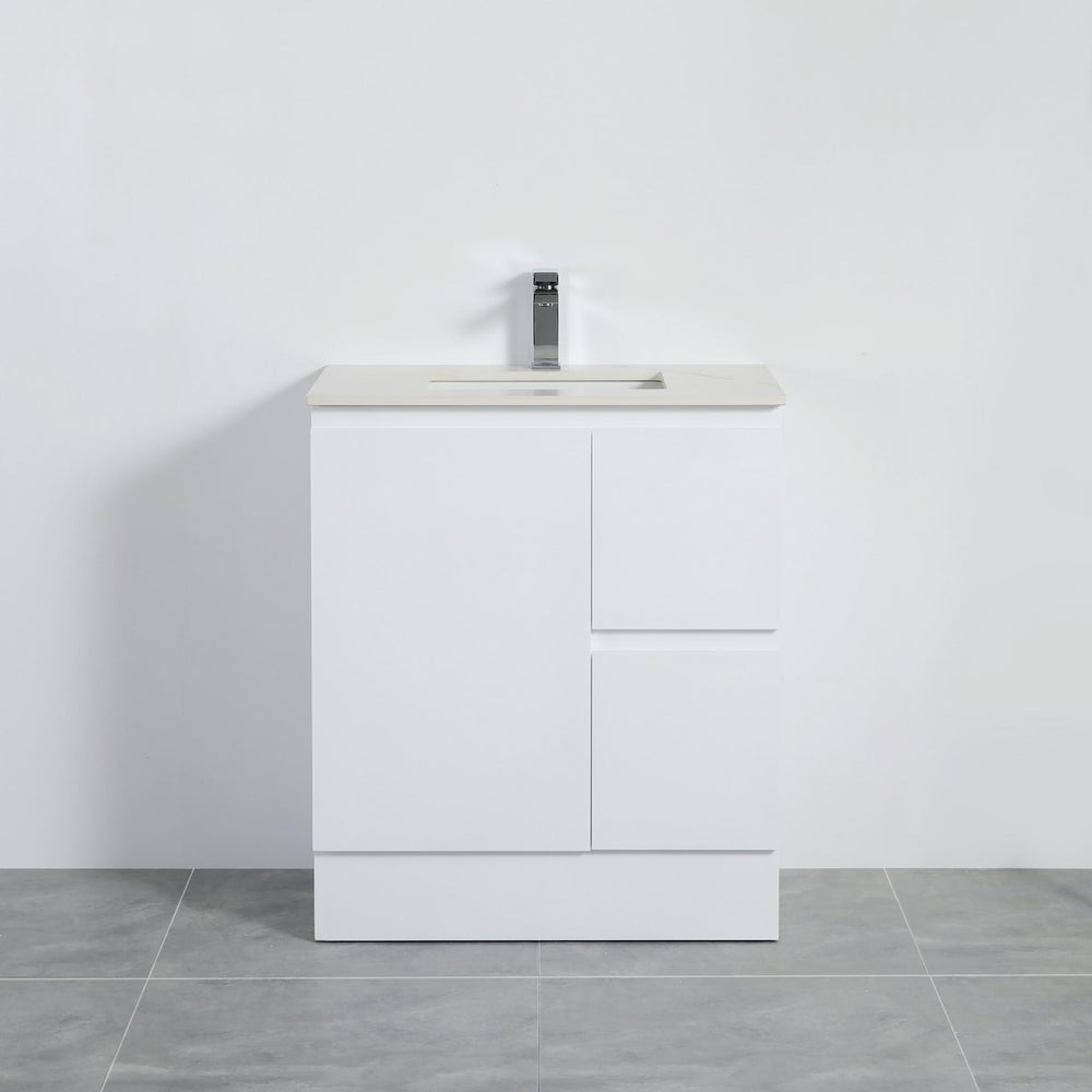 LUKKA ALPHA GLOSS WHITE 750MM SINGLE BOWL FLOOR STANDING VANITY WITH KICKBOARD (AVAILABLE IN LEFT AND RIGHT HAND DRAWER)