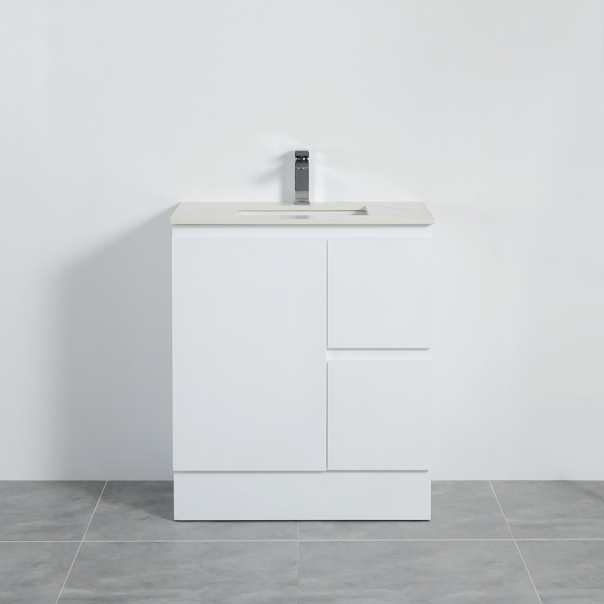 LUKKA ALPHA GLOSS WHITE 750MM SINGLE BOWL FLOOR STANDING VANITY WITH KICKBOARD (AVAILABLE IN LEFT AND RIGHT HAND DRAWER)