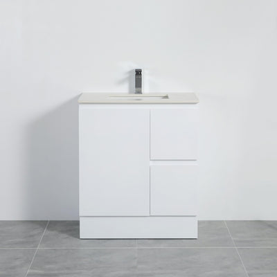 LUKKA ALPHA GLOSS WHITE 750MM SINGLE BOWL FLOOR STANDING VANITY WITH KICKBOARD (AVAILABLE IN LEFT AND RIGHT HAND DRAWER)
