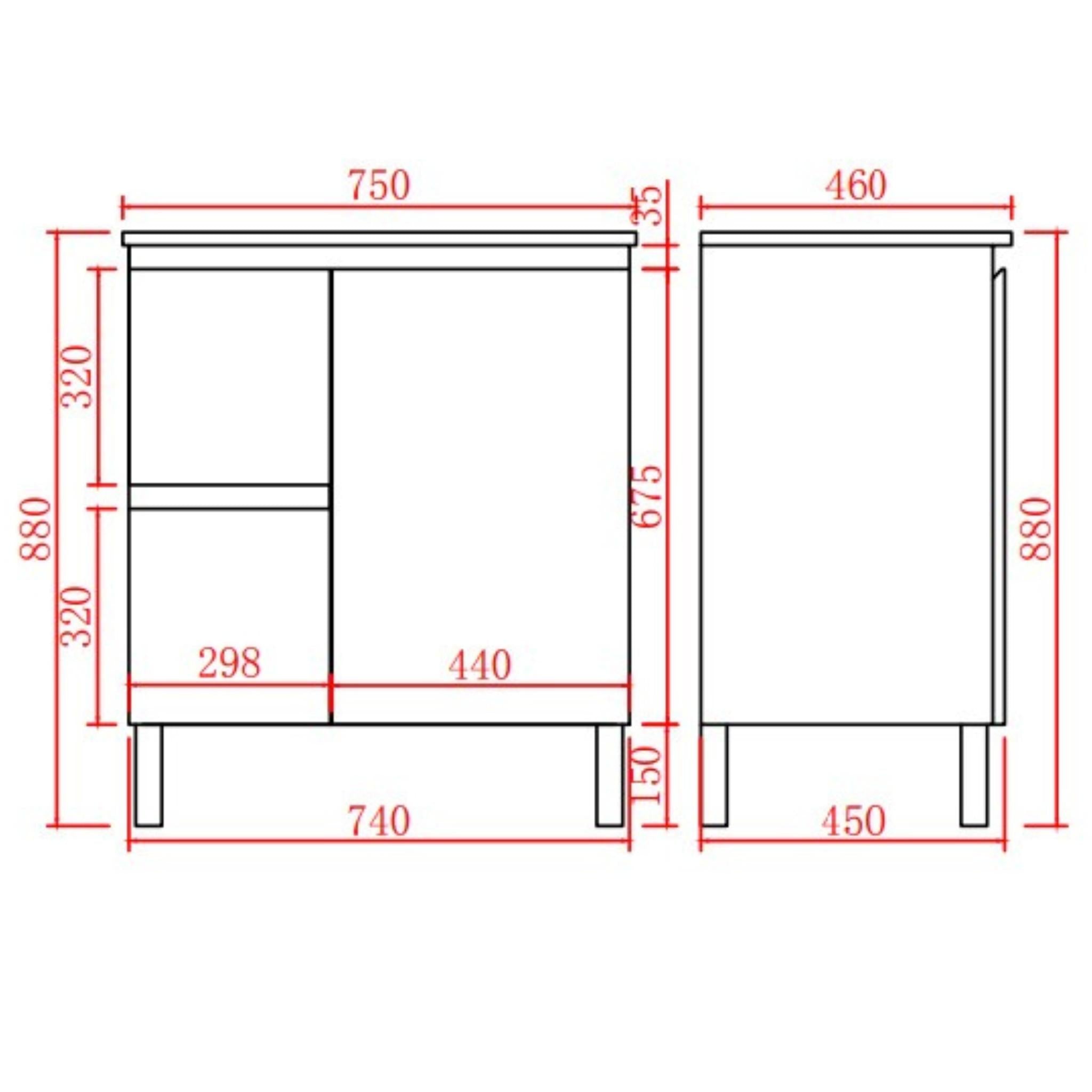 LUKKA ALPHA GLOSS WHITE 750MM SINGLE BOWL FLOOR STANDING VANITY (AVAILABLE IN LEFT AND RIGHT HAND DRAWER)