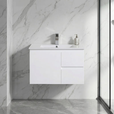 LUKKA ALPHA GLOSS WHITE 750MM SINGLE BOWL WALL HUNG VANITY (AVAILABLE IN LEFT AND RIGHT HAND DRAWER)
