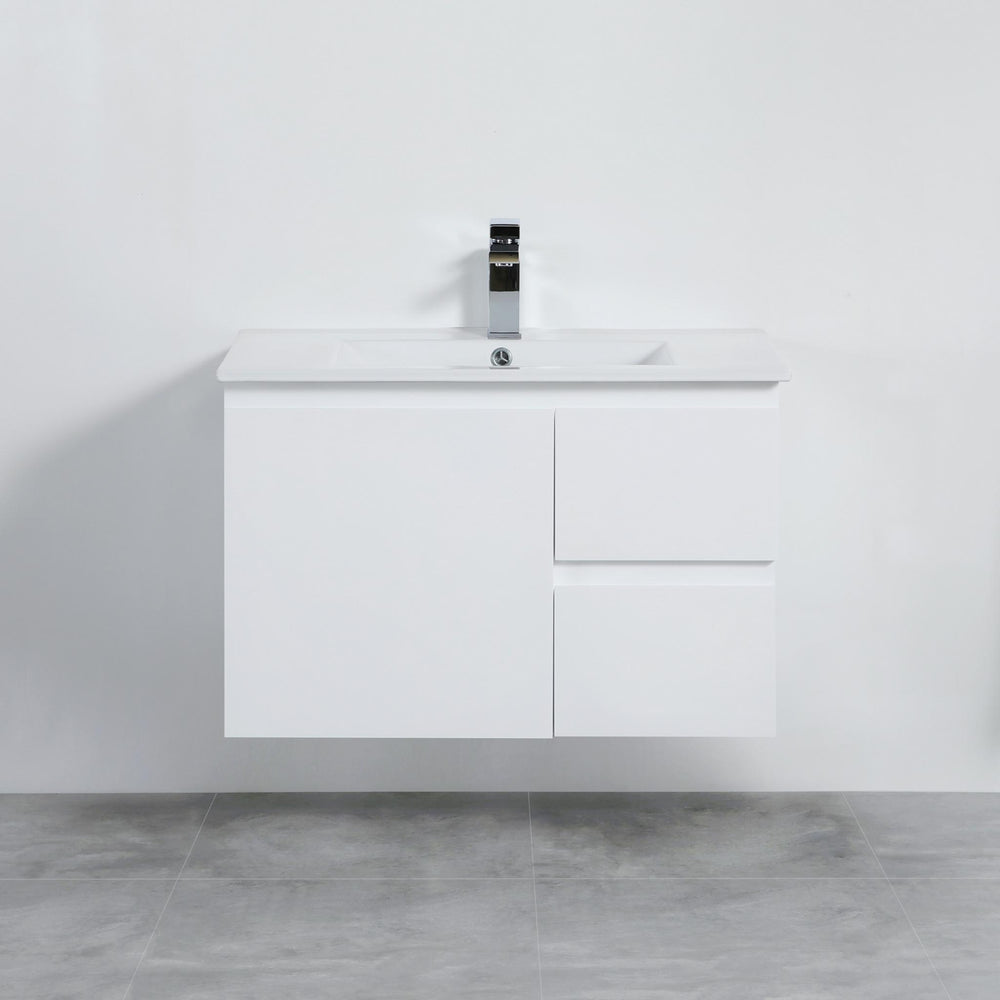 LUKKA ALPHA GLOSS WHITE 750MM SINGLE BOWL WALL HUNG VANITY (AVAILABLE IN LEFT AND RIGHT HAND DRAWER)