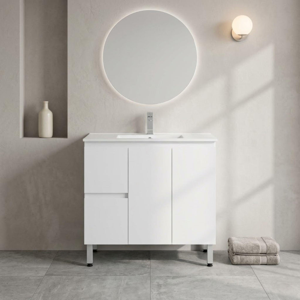 LUKKA ALPHA ENSUITE GLOSS WHITE 900MM SPACE SAVING FLOOR STANDING VANITY AVAILABLE IN LEFT AND RIGHT HAND DRAWER)