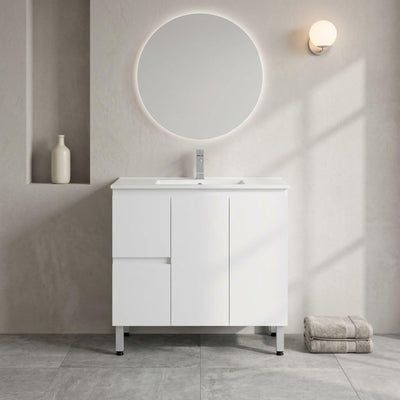 LUKKA ALPHA ENSUITE GLOSS WHITE 900MM SPACE SAVING FLOOR STANDING VANITY AVAILABLE IN LEFT AND RIGHT HAND DRAWER)