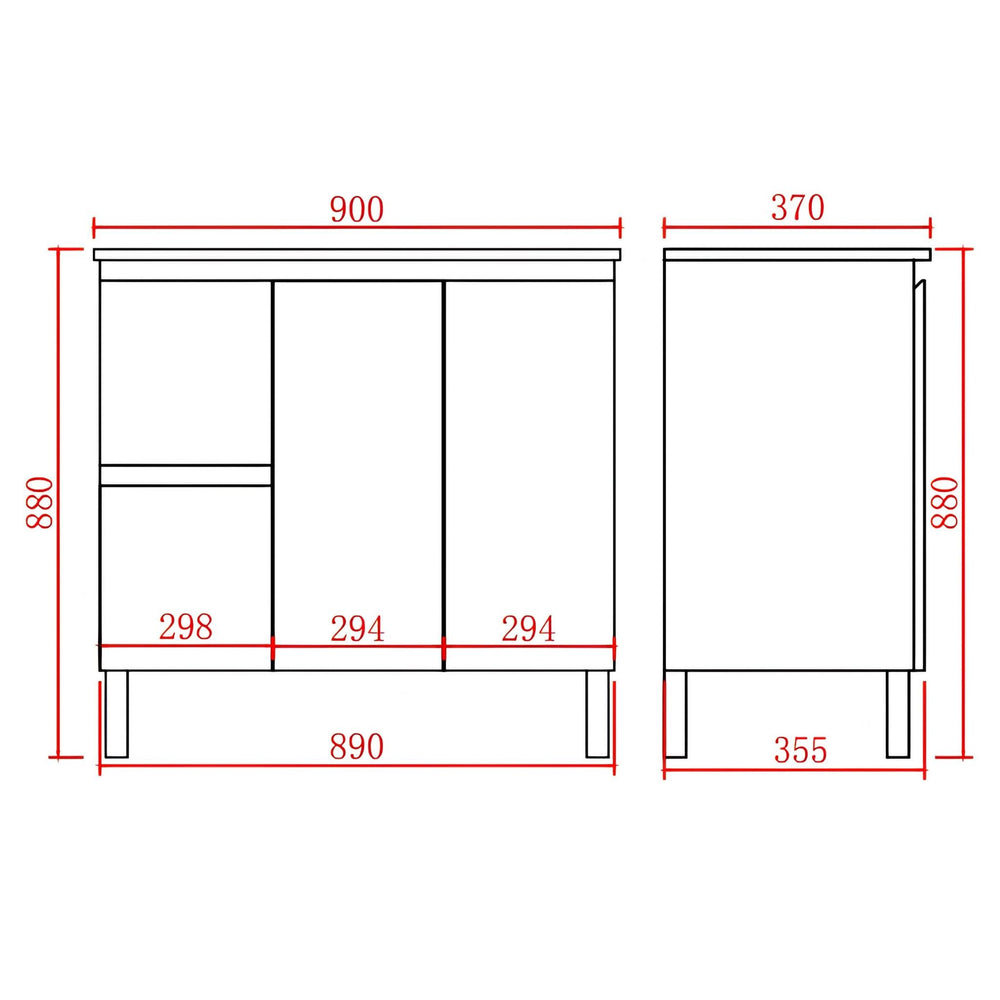 LUKKA ALPHA ENSUITE GLOSS WHITE 900MM SPACE SAVING FLOOR STANDING VANITY AVAILABLE IN LEFT AND RIGHT HAND DRAWER)