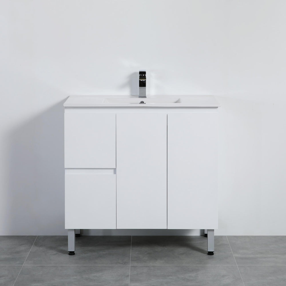 LUKKA ALPHA ENSUITE GLOSS WHITE 900MM SPACE SAVING FLOOR STANDING VANITY AVAILABLE IN LEFT AND RIGHT HAND DRAWER)