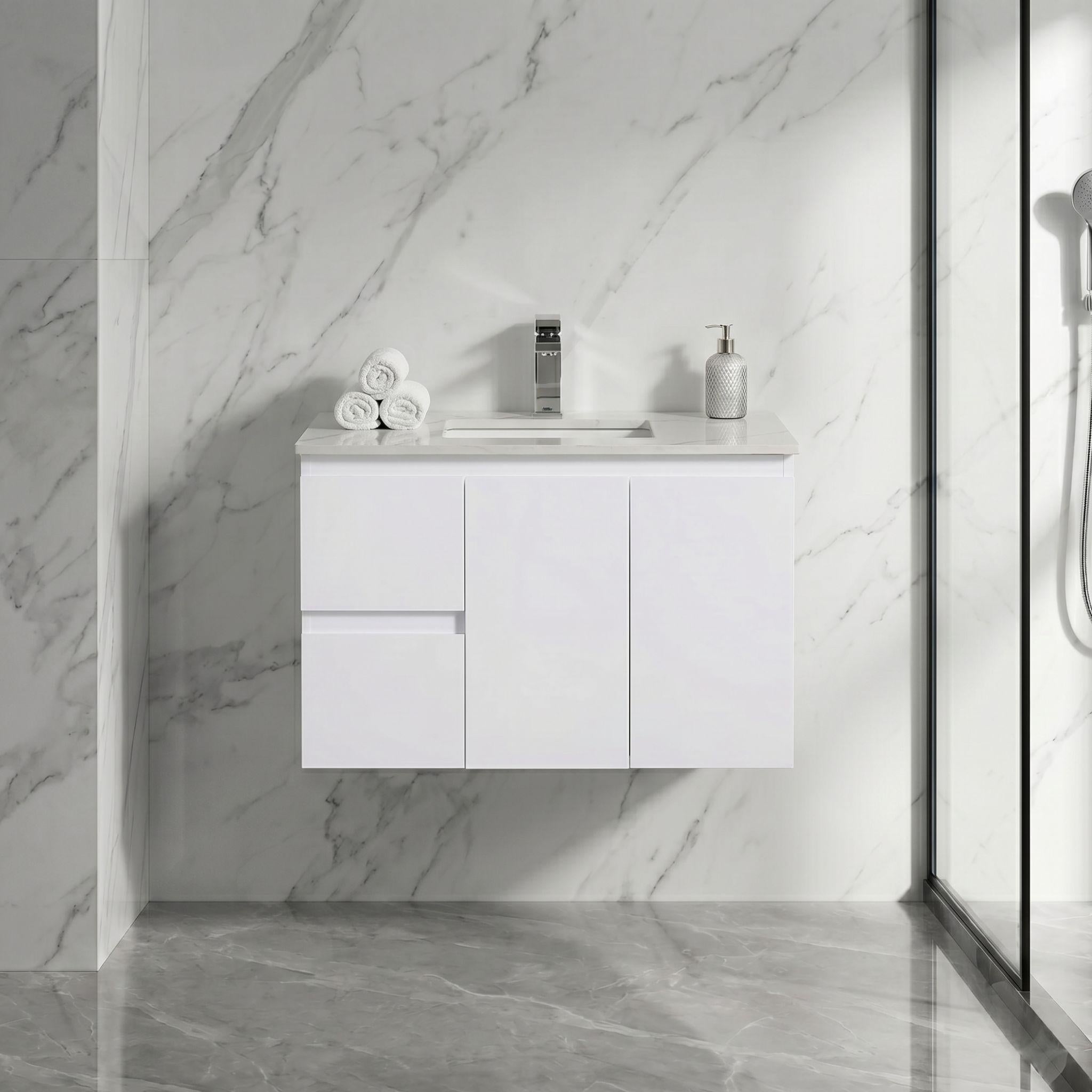 LUKKA ALPHA ENSUITE GLOSS WHITE 900MM SPACE SAVING WALL HUNG VANITY (AVAILABLE IN LEFT AND RIGHT HAND DRAWER)