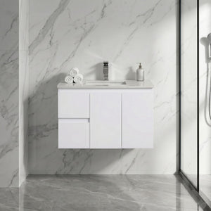 LUKKA ALPHA ENSUITE GLOSS WHITE 900MM SPACE SAVING WALL HUNG VANITY (AVAILABLE IN LEFT AND RIGHT HAND DRAWER)