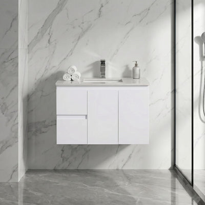 LUKKA ALPHA ENSUITE GLOSS WHITE 900MM SPACE SAVING WALL HUNG VANITY (AVAILABLE IN LEFT AND RIGHT HAND DRAWER)