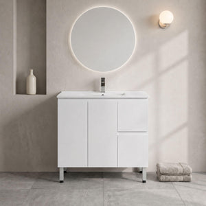 LUKKA ALPHA ENSUITE GLOSS WHITE 900MM SPACE SAVING FLOOR STANDING VANITY AVAILABLE IN LEFT AND RIGHT HAND DRAWER)