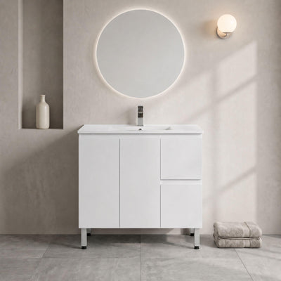 LUKKA ALPHA ENSUITE GLOSS WHITE 900MM SPACE SAVING FLOOR STANDING VANITY AVAILABLE IN LEFT AND RIGHT HAND DRAWER)