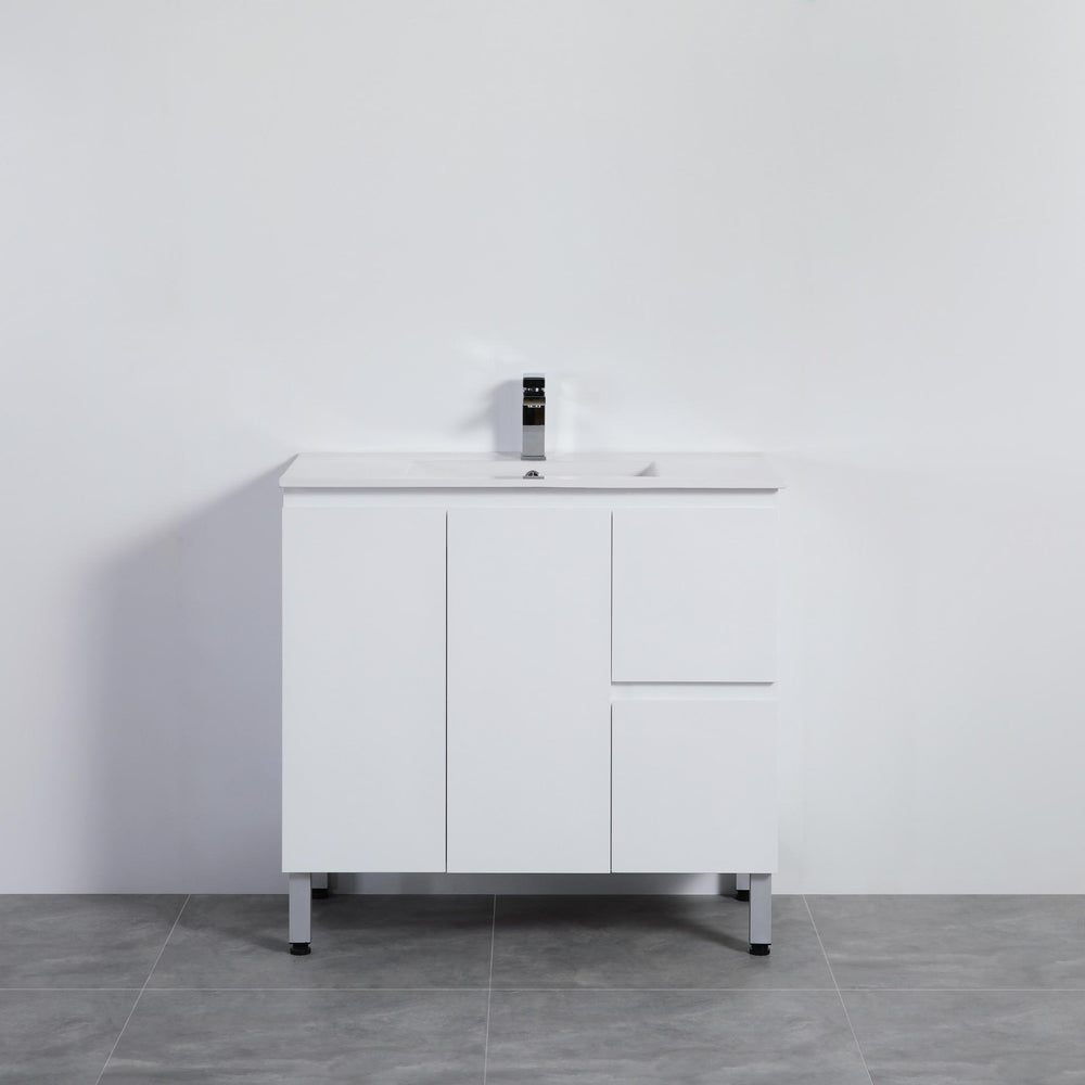 LUKKA ALPHA ENSUITE GLOSS WHITE 900MM SPACE SAVING FLOOR STANDING VANITY AVAILABLE IN LEFT AND RIGHT HAND DRAWER)