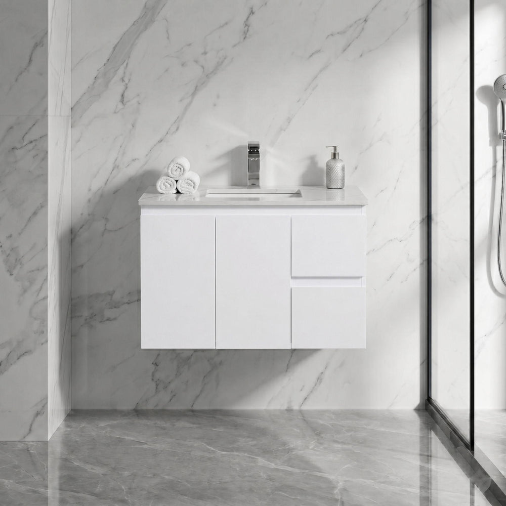 LUKKA ALPHA ENSUITE GLOSS WHITE 900MM SPACE SAVING WALL HUNG VANITY (AVAILABLE IN LEFT AND RIGHT HAND DRAWER)