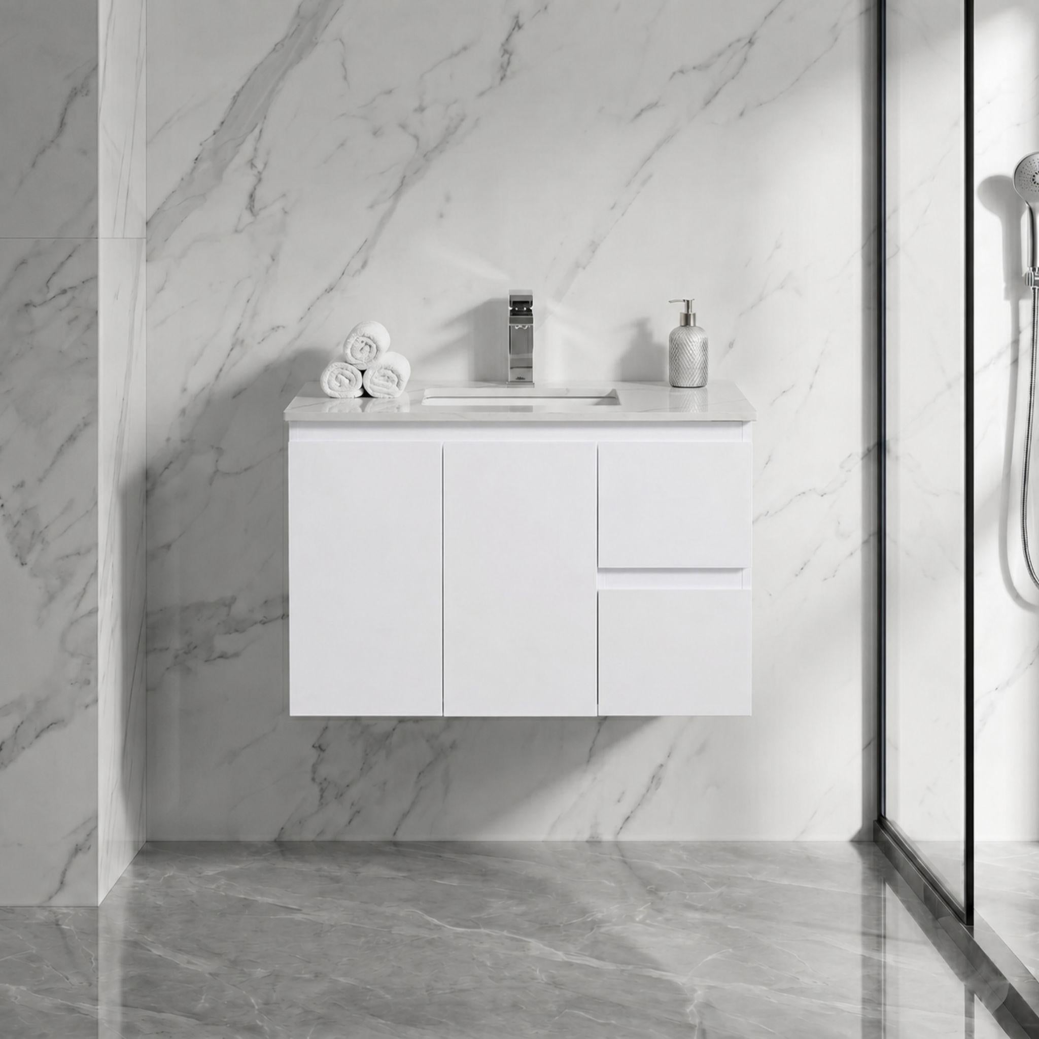 LUKKA ALPHA ENSUITE GLOSS WHITE 900MM SPACE SAVING WALL HUNG VANITY (AVAILABLE IN LEFT AND RIGHT HAND DRAWER)