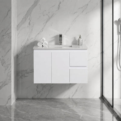 LUKKA ALPHA ENSUITE GLOSS WHITE 900MM SPACE SAVING WALL HUNG VANITY (AVAILABLE IN LEFT AND RIGHT HAND DRAWER)