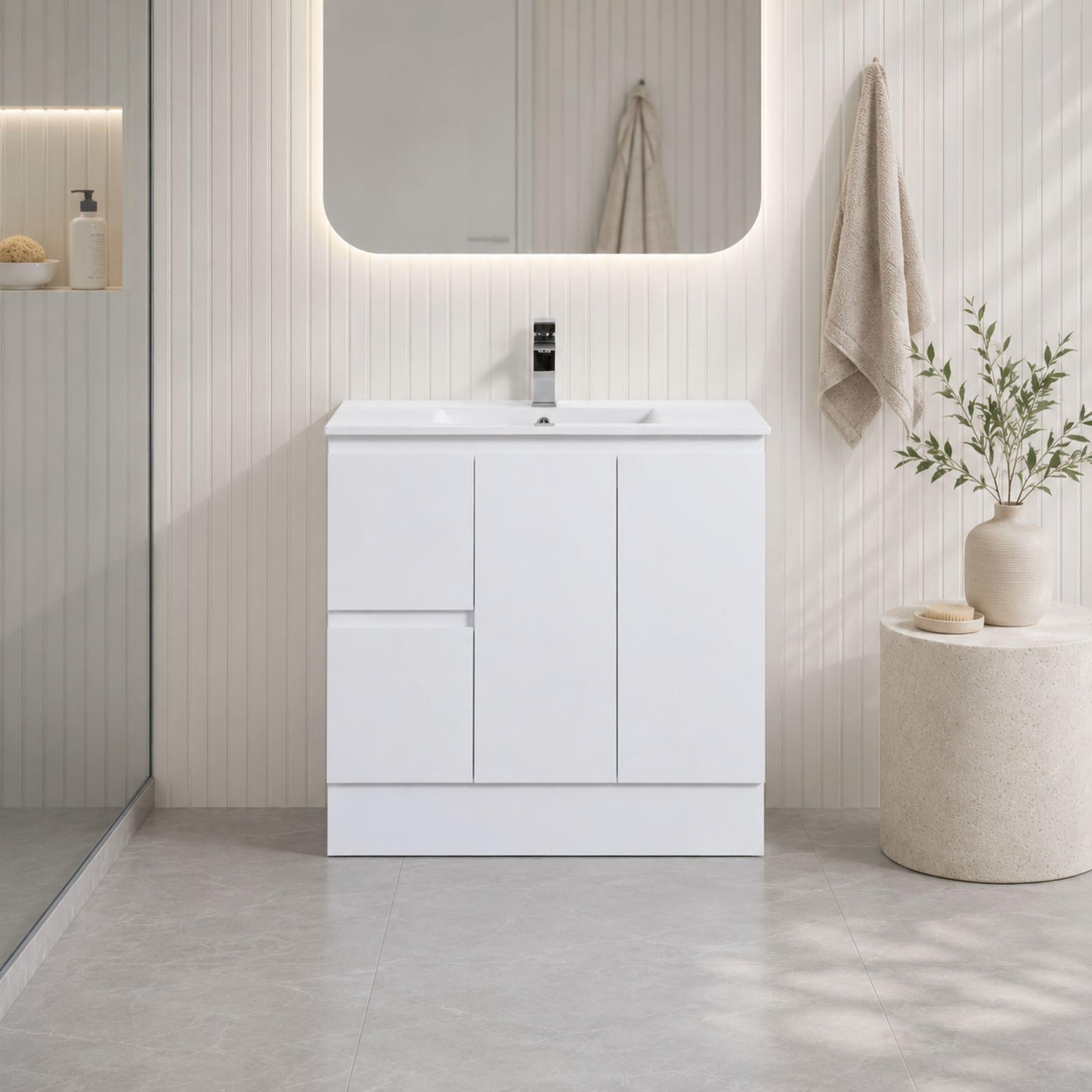 LUKKA ALPHA GLOSS WHITE 900MM SINGLE BOWL FLOOR STANDING VANITY WITH KICKBOARD (AVAILABLE IN LEFT AND RIGHT HAND DRAWER)