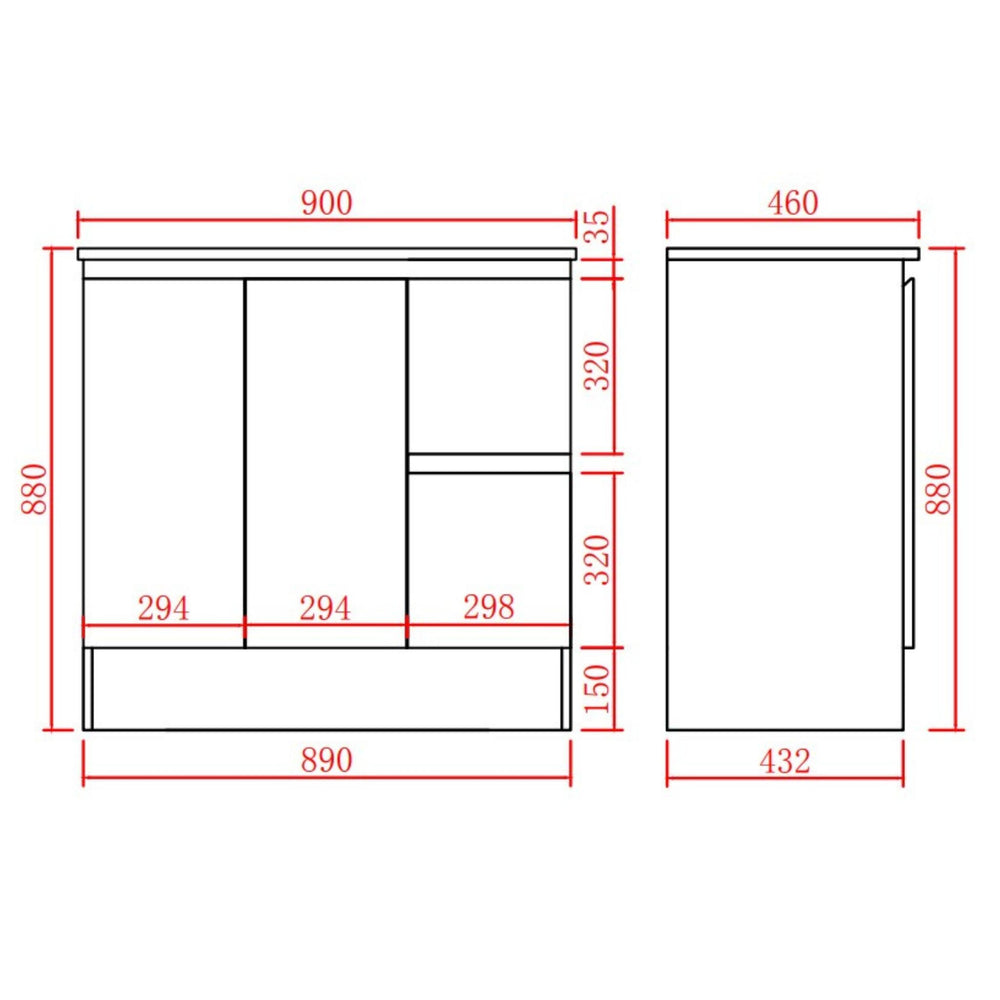 LUKKA ALPHA GLOSS WHITE 900MM SINGLE BOWL FLOOR STANDING VANITY WITH KICKBOARD (AVAILABLE IN LEFT AND RIGHT HAND DRAWER)