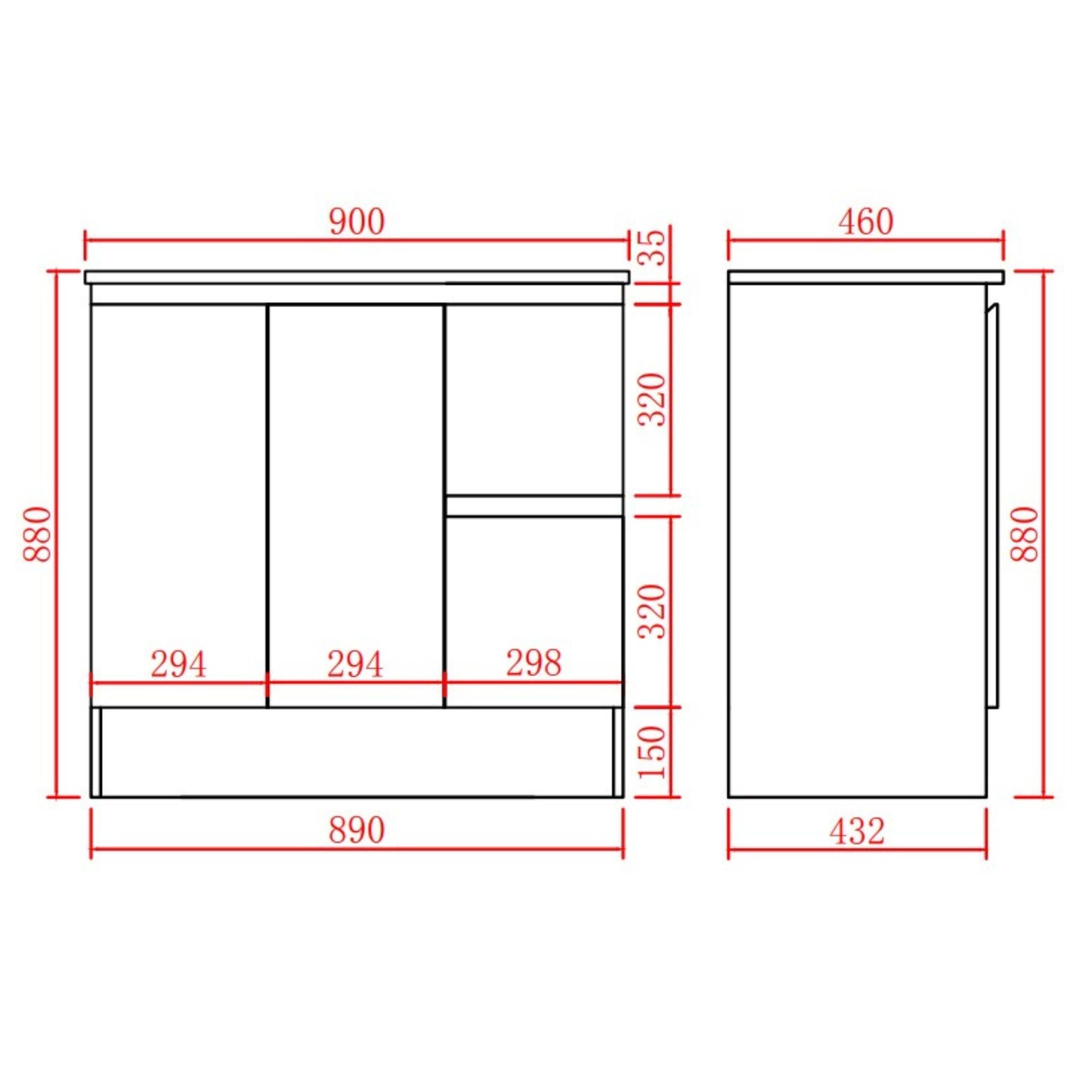 LUKKA ALPHA GLOSS WHITE 900MM SINGLE BOWL FLOOR STANDING VANITY WITH KICKBOARD (AVAILABLE IN LEFT AND RIGHT HAND DRAWER)