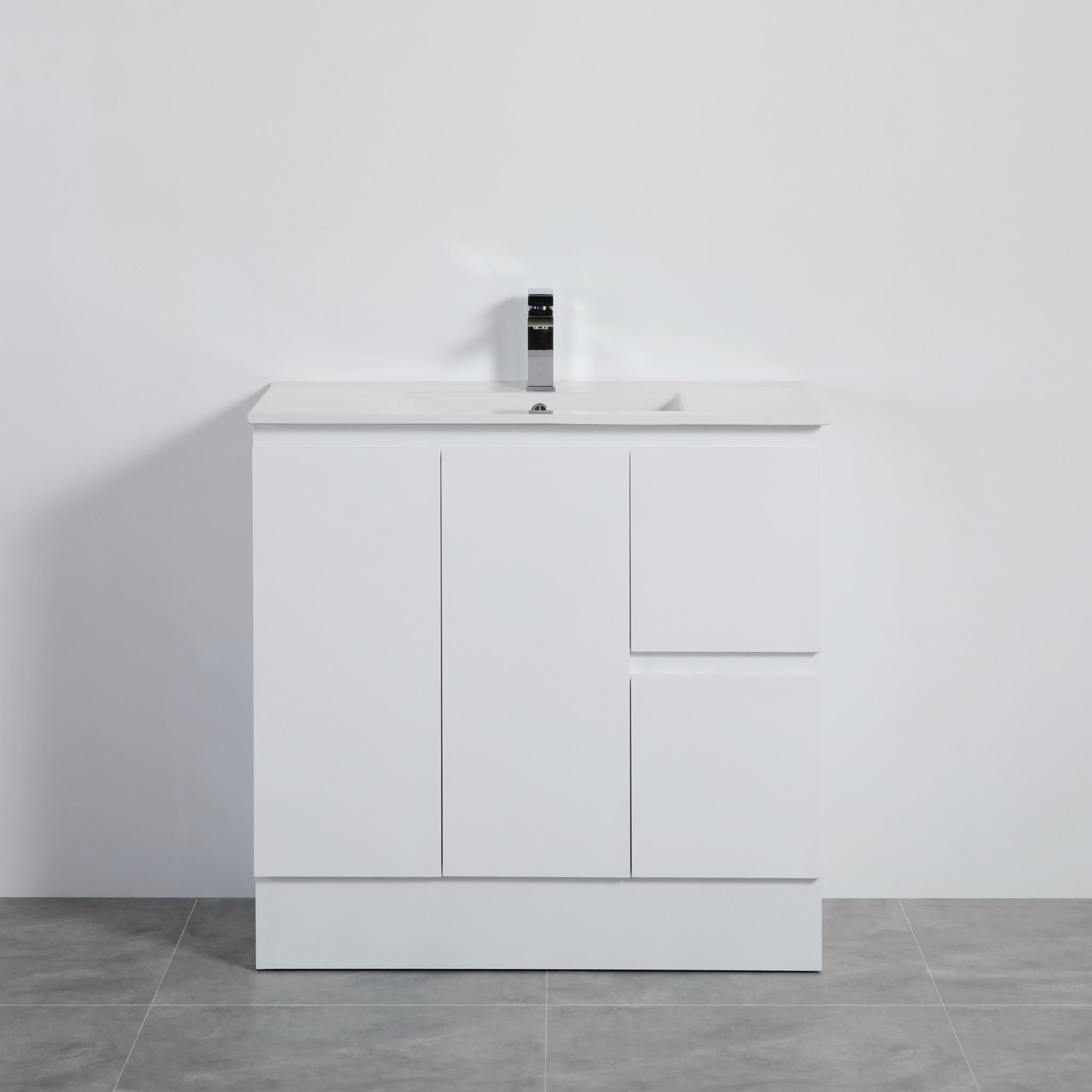 LUKKA ALPHA GLOSS WHITE 900MM SINGLE BOWL FLOOR STANDING VANITY WITH KICKBOARD (AVAILABLE IN LEFT AND RIGHT HAND DRAWER)