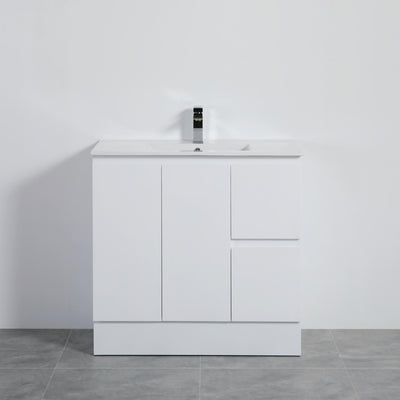 LUKKA ALPHA GLOSS WHITE 900MM SINGLE BOWL FLOOR STANDING VANITY WITH KICKBOARD (AVAILABLE IN LEFT AND RIGHT HAND DRAWER)