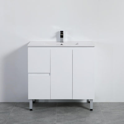 LUKKA ALPHA GLOSS WHITE 900MM SINGLE BOWL FLOOR STANDING VANITY (AVAILABLE IN LEFT AND RIGHT HAND DRAWER)