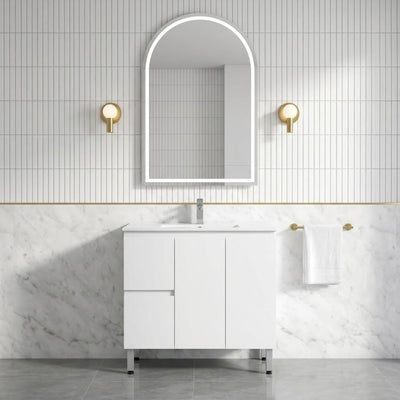 LUKKA ALPHA GLOSS WHITE 900MM SINGLE BOWL FLOOR STANDING VANITY (AVAILABLE IN LEFT AND RIGHT HAND DRAWER)