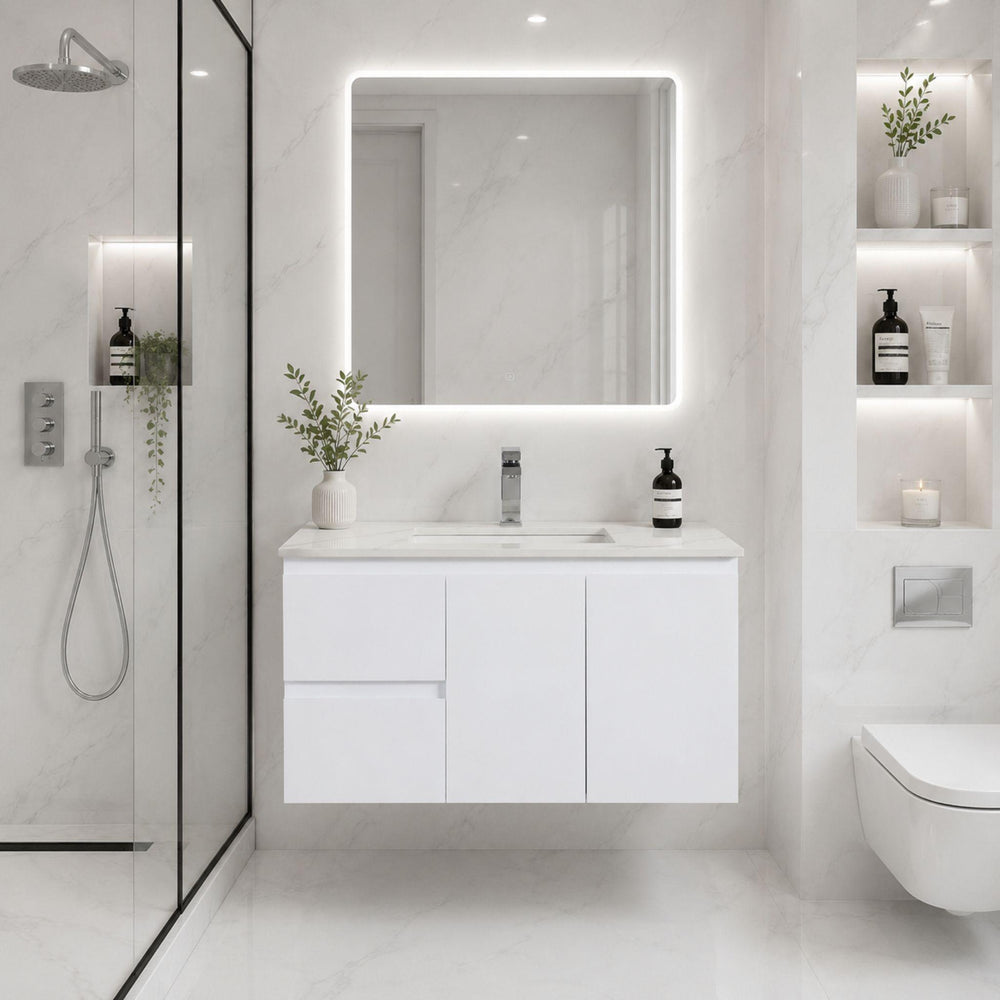 LUKKA ALPHA GLOSS WHITE 900MM SINGLE BOWL WALL HUNG VANITY (AVAILABLE IN LEFT AND RIGHT HAND DRAWER)