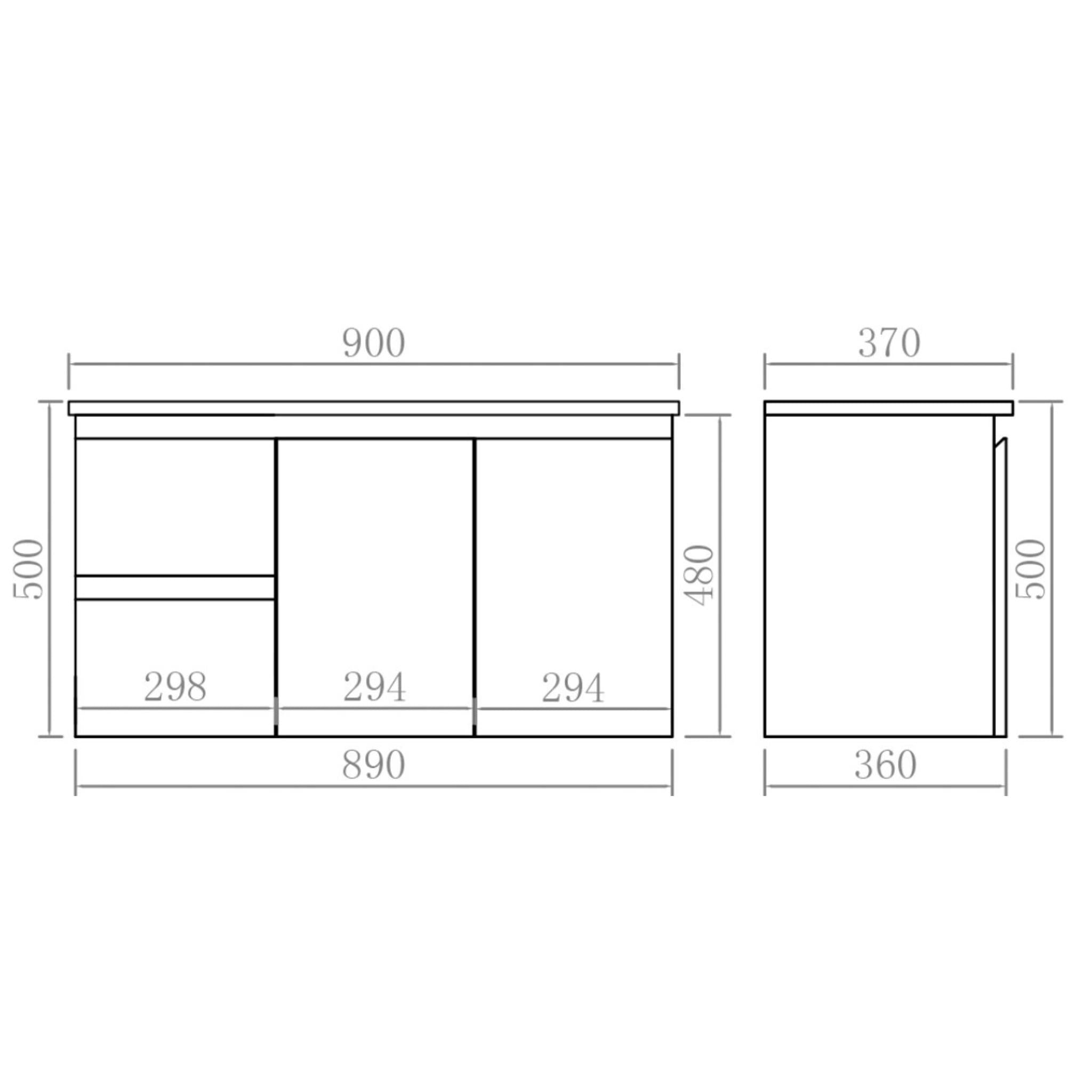 LUKKA ALPHA ENSUITE GLOSS WHITE 900MM SPACE SAVING WALL HUNG VANITY (AVAILABLE IN LEFT AND RIGHT HAND DRAWER)