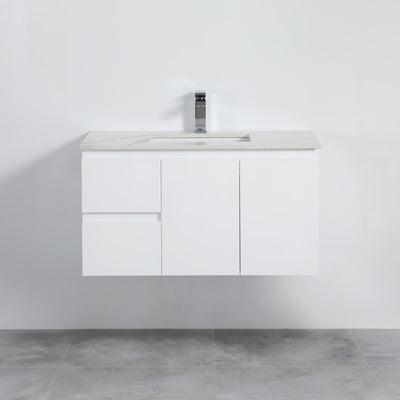 LUKKA ALPHA GLOSS WHITE 900MM SINGLE BOWL WALL HUNG VANITY (AVAILABLE IN LEFT AND RIGHT HAND DRAWER)