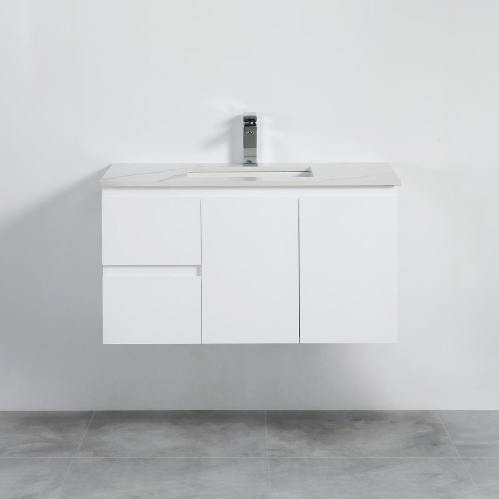 LUKKA ALPHA ENSUITE GLOSS WHITE 900MM SPACE SAVING WALL HUNG VANITY (AVAILABLE IN LEFT AND RIGHT HAND DRAWER)